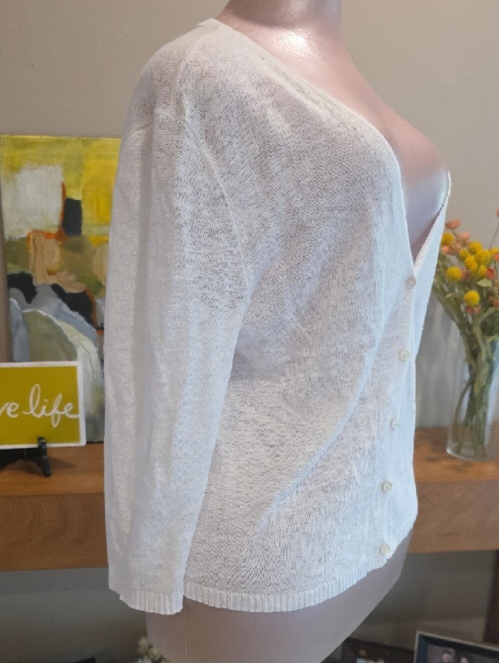Eileen Fisher White V-Neck Button Front Cardigan Small 100% Linen - Picture 2 of 6